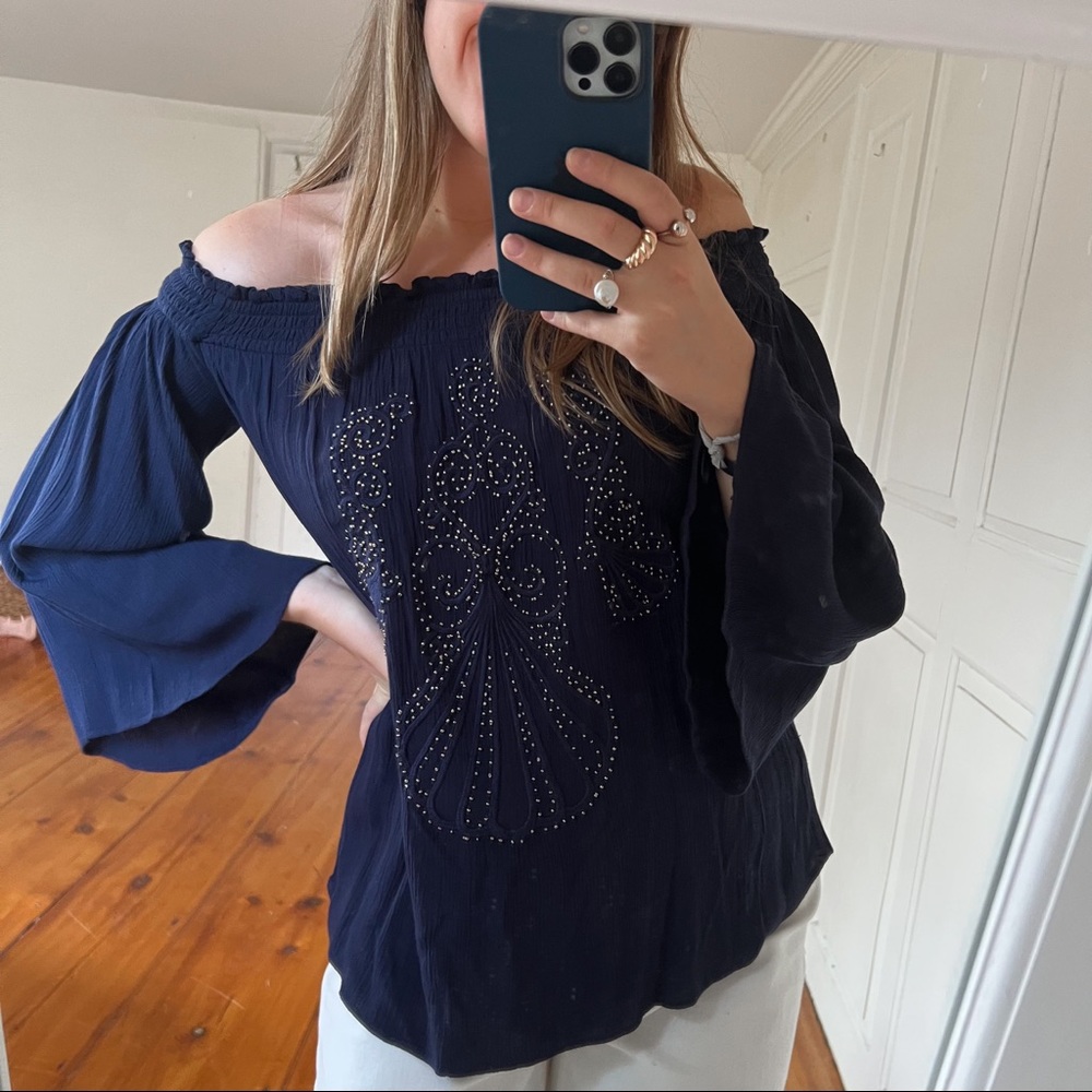 NWT Lilly Pulitzer Nita Navy Off the Shoulder Beaded Top